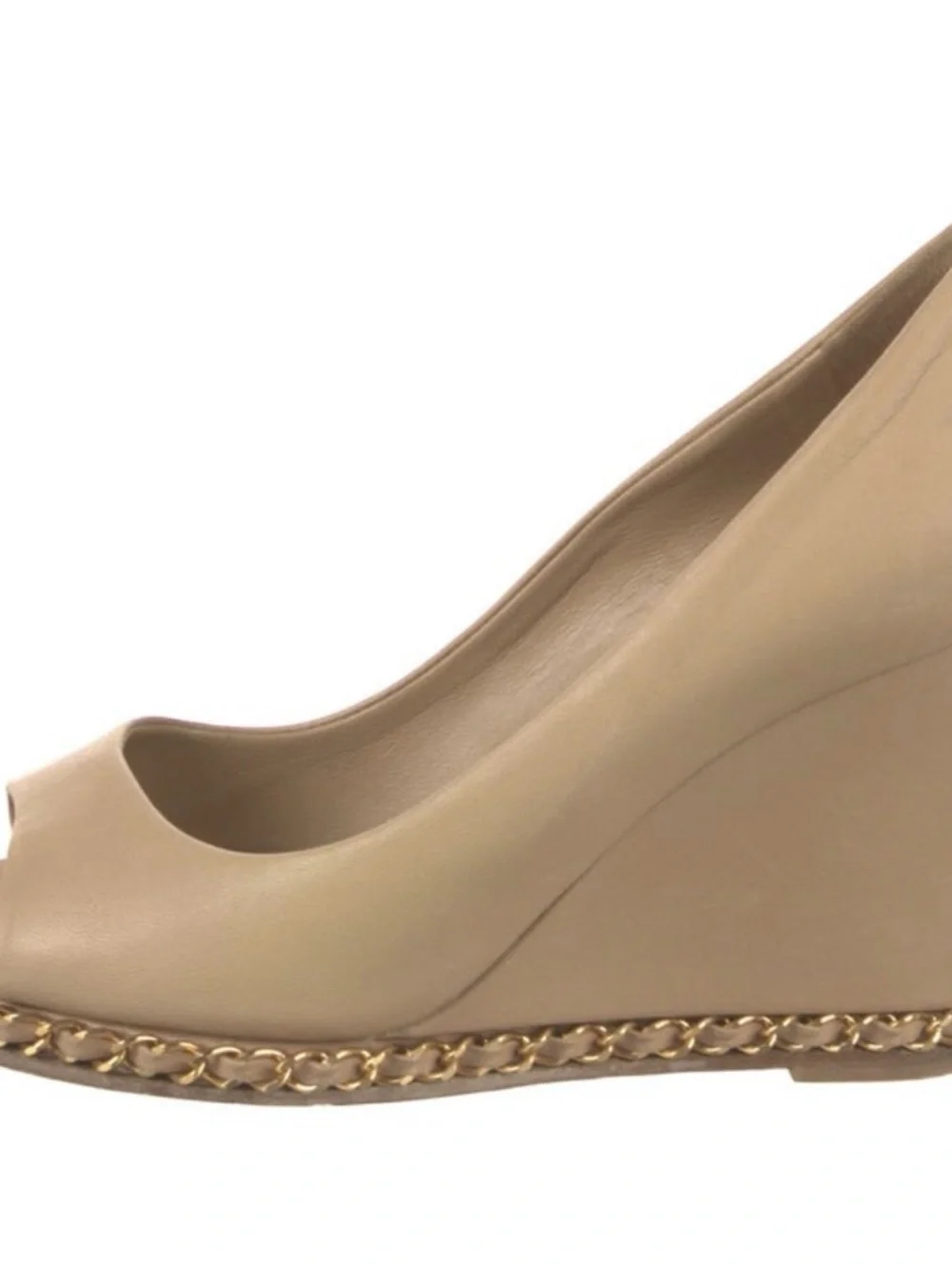 Iconic CHANEL Nude Beige Peep-Toe Platform with Chain Trim Interlocking CC logo
